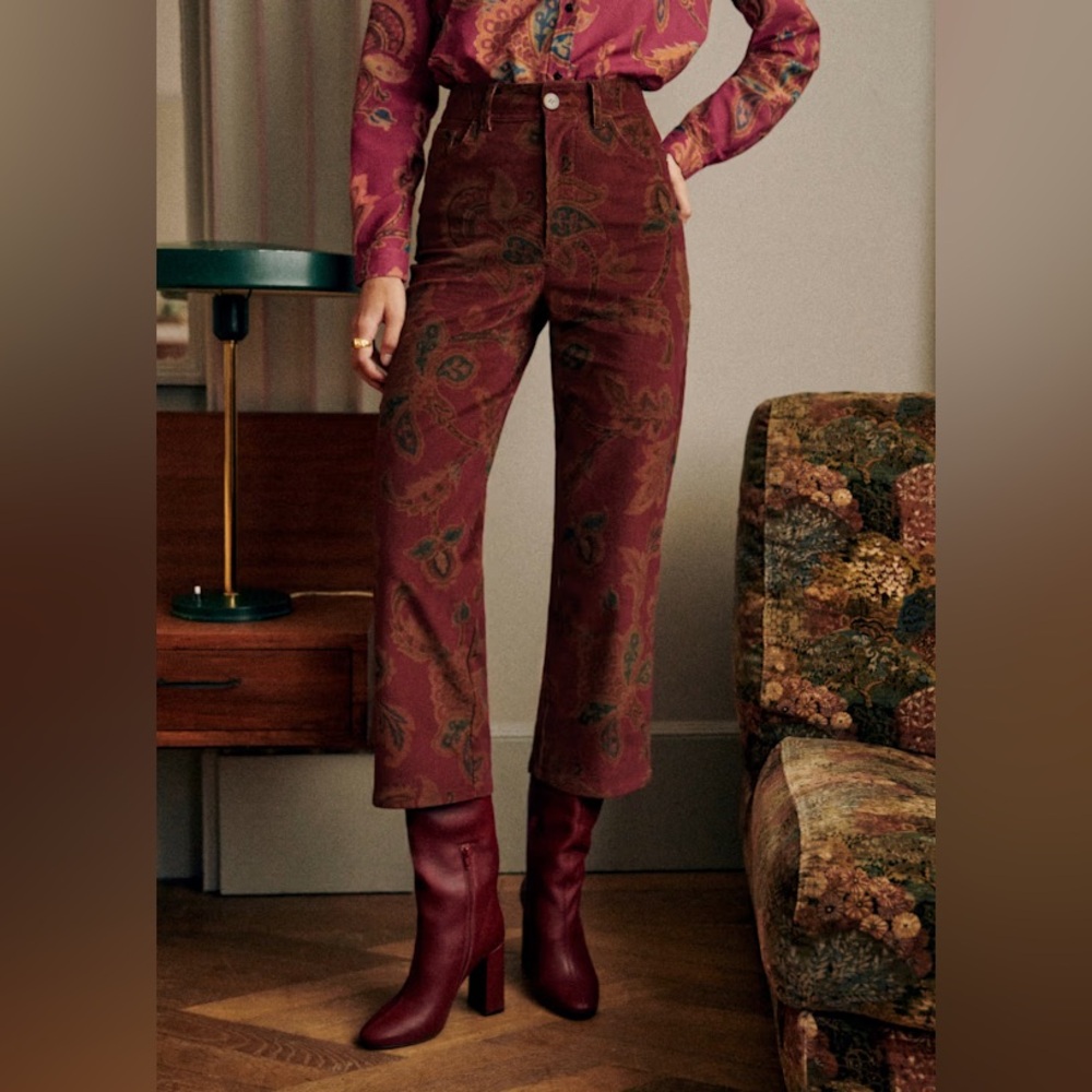 Sezane Le Crop In Sana Print Red Corduroy Paisley Floral Size 2 Pants‎